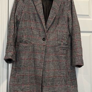 Women's Plaid Single-Button Coat - Black/White with Red Accents